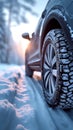 Winter tire grip close up of car tires on a snowy road Royalty Free Stock Photo