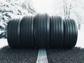 Winter tire in snow closeup, 3d rendering