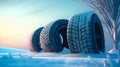 Winter tire on snowy slippery road. Created with Generative AI technology