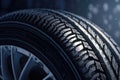 Winter tire on snowy slippery road. Created with Generative AI technology