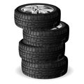 Winter tire stack. Tyre repair shop. Auto wheel