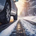 Car on snow road Tires on snowy highway close up view