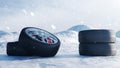 Winter tires on a background of snowstorm, snowfall and slippery winter road. Winter tires concept. Concept tyres Royalty Free Stock Photo