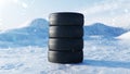 Winter tires on a background of snowstorm, snowfall and slippery winter road. Winter tires concept. Concept tyres Royalty Free Stock Photo