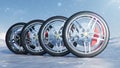 Winter tires on a background of snowstorm, snowfall and slippery winter road. Winter tires concept. Concept tyres Royalty Free Stock Photo