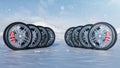 Winter tires on a background of snowstorm, snowfall and slippery winter road. Winter tires concept. Concept tyres Royalty Free Stock Photo