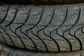Winter tires close-up . Tyre background. Tire stack background Royalty Free Stock Photo