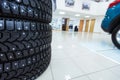 Winter tires in showroom of a car dealer Royalty Free Stock Photo