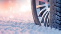 Winter tires and snow covered car wheel, AI