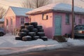 winter tires stacked by a car in driveway