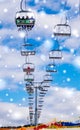 Winter tourism in Eastern Europe. Modern ski lift on a background of blue sky. Ski resort `Bukovel`, Ukraine