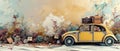 Winter tourism, travel, trip. Flat cartoon illustration of a car side view with a heap of suitcases falling from the