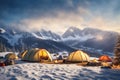 winter Tourist tent in camp among meadow in the mountain at sunrise Royalty Free Stock Photo