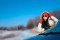 Winter Tourist Vacation Girl Standing Next to Her Car Royalty Free Stock Photo