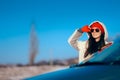 Winter Tourist Vacation Girl Standing Next to Her Car Royalty Free Stock Photo