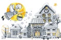 Winter town, Christmas snow houses and angel boy. Hand drawn watercolor illustration isolated on white background Royalty Free Stock Photo