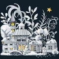 Winter town, Christmas snow houses and angel girl. Hand drawn watercolor illustration on black background Royalty Free Stock Photo