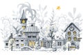 Winter town, Christmas snow houses and angel girl. Hand drawn watercolor illustration isolated on white background