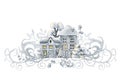 Winter town, Christmas snow houses and angel girl. Hand drawn watercolor illustration isolated on white background Royalty Free Stock Photo