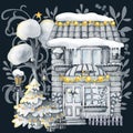 Winter town, Christmas snow houses and angel girl. Hand drawn watercolor illustration isolated on white background Royalty Free Stock Photo