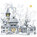 Winter town, Christmas snow houses and trees. Landscape scene creator. Hand drawn watercolor illustration isolated on