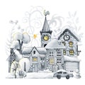 Winter town, Christmas snow houses and trees. Landscape scene creator. Hand drawn watercolor illustration isolated on Royalty Free Stock Photo