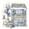 Winter town, Christmas snow houses and trees. Landscape scene creator. Hand drawn watercolor illustration isolated on