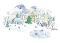 Winter town with Christmas tree. House,park,mountain,snowflakes and lake.