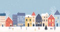 Winter town, festive decorated houses, falling snow and people walking. Christmas banner vector design.