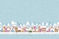 Winter town flat style with snow falling and mountain Royalty Free Stock Photo