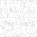 Winter town, line of old buildings and towers, silhouettes. Seamless pattern, black abd white
