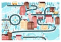 Winter town map, Christmas cute city houses and road with snow for kids board game Royalty Free Stock Photo