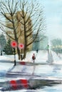 Winter town view, pedestrian on the crossroad