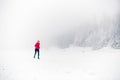 Winter trail running on snow in white forest and mountains Royalty Free Stock Photo