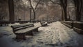 Winter tranquil scene snow covered bench, tree, lantern in nature generated by AI