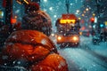 Winter transit Passengers braving snow for a cozy public commute