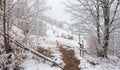 Winter In Transylvania. Romanian Retro House. Rural Landscape With Old Fairy Tale House And Hoarfrosted Trees With Orange Leaf. Mo Royalty Free Stock Photo