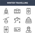 9 winter travelling icons pack. trendy winter travelling icons on white background. thin outline line icons such as man, hat,