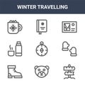 9 winter travelling icons pack. trendy winter travelling icons on white background. thin outline line icons such as , mittens,