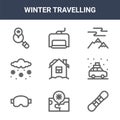 9 winter travelling icons pack. trendy winter travelling icons on white background. thin outline line icons such as snowboard, car