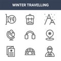9 winter travelling icons pack. trendy winter travelling icons on white background. thin outline line icons such as tourist, map