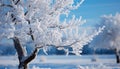 Winter tree branch covered in frost, nature frozen beauty generated by AI