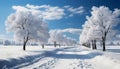 Winter tree covered in snow, nature frozen beauty generated by AI