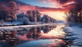 Winter tree reflects beauty in nature, tranquil scene, frozen water generated by AI Royalty Free Stock Photo
