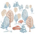 Winter trees patern car trees forest christmas new year watercolor illustration hand drawn set