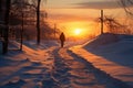 Winter trek Person walks on snowy road at sunset