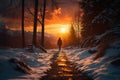 Winter trek Person walks on snowy road at sunset