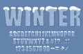 Winter trendy alphabet. Hand drawn doodle latin alphabet letters, numbers and punctuation marks with snow Royalty Free Stock Photo