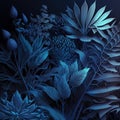 Winter tropical bluish tones leaves background. AI Generative