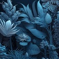 Winter tropical leaves background in bluish tones